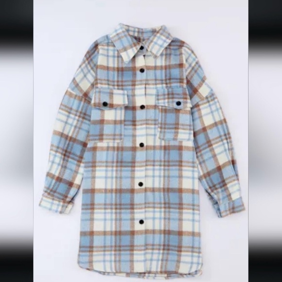 Sky Blue & Beige Long Plaid Shacket NWT - Picture 3 of 14